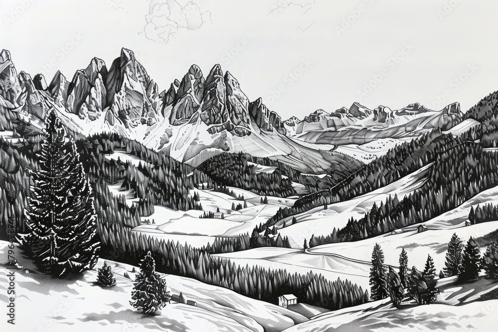 Poster black and white drawing of a mountain range. suitable for various design projects