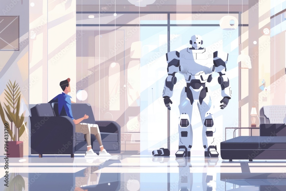 Poster a man sitting on a couch next to a robot. suitable for technology concept