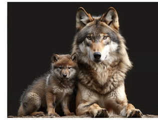 Fototapeta premium A majestic adult wolf and its cub posing together on a dark background, showcasing their striking features and natural beauty.