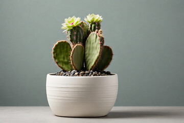 Cactus in a white pot on a gray background with copy space
