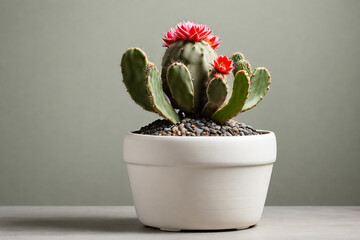 Beautiful cactus in pot on table against grey background, closeup