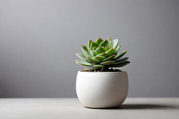Succulent plant in white pot on grey background, copy space