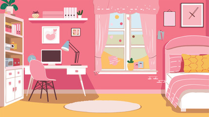 Girls room interior teenager room pink colors flat style