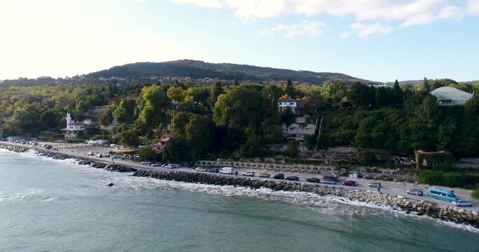 Aerial video of Balchik famous Castle and Botanical Garden, Balchik, Bulgaria