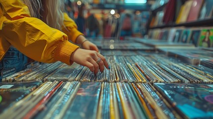 Close-up shot of a young woman's hand selecting a vinyl record in a music store, surrounded by a colorful collection of albums.