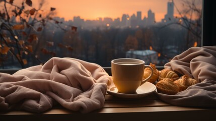 b'A cozy autumn morning with a cup of coffee and croissants' - obrazy, fototapety, plakaty