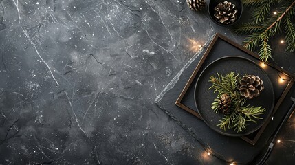 Festive Christmas frame placed on a black stone with a pine branch