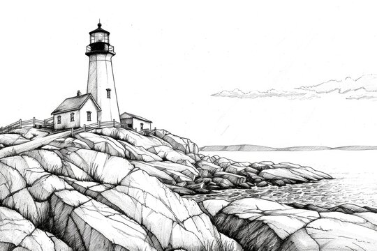 Detailed black and white drawing of a lighthouse. Suitable for various design projects