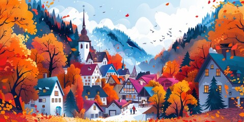 b'An illustration of a small village in the mountains during autumn'