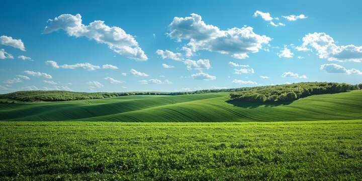 b'Green rolling hills under blue sky with white clouds'