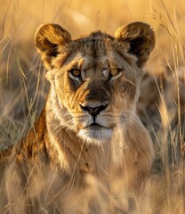 b'Close-up portrait of a lioness in the savanna'