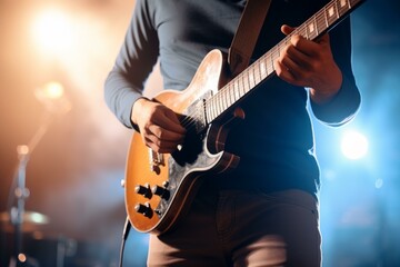 b'Close-up of an unrecognizable male guitarist playing the guitar on the stage during the concert' - obrazy, fototapety, plakaty