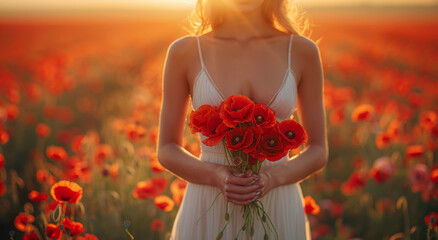 Woman holding a bouquet of red poppies in a poppy field at sunset, focusing on the flowers with a blurred background.