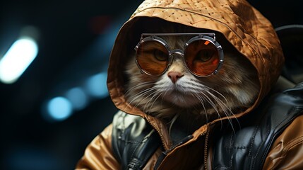 b'A cat wearing a leather jacket and goggles' - obrazy, fototapety, plakaty