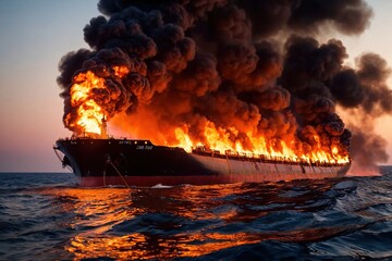 Cargo ship, shipping vessel on fire in the ocean, marine disaster failure