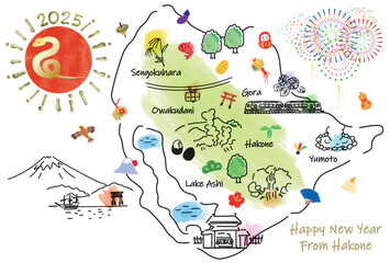 箱根の観光地のイラストマップ年賀状2025年
