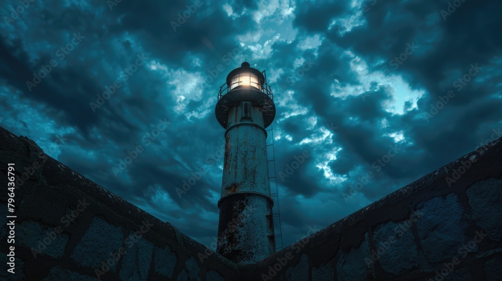 Poster A lighthouse with a shining light at the top, ideal for navigation and safety concepts