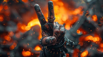 Close-up image capturing the essence of rock music as a hand, adorned in metal and leather, makes the iconic heavy metal rock sign. Surrounded by an intense fiery backdrop, this photo exudes a powerfu - 796436745