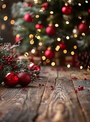 Fototapeta na wymiar b'Rustic Christmas Setting with Red Ornaments and Presents'