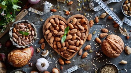 Nutritious almond heart centerpiece on a well-balanced dietary setup with measuring tape
