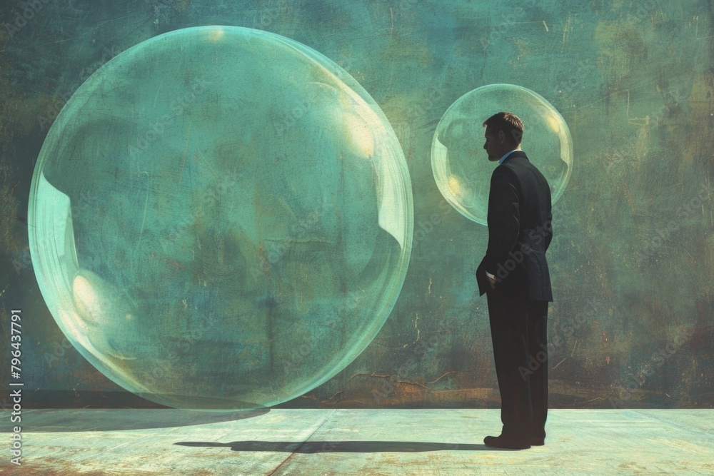 Poster a man standing in front of a giant bubble, perfect for a variety of concepts and designs