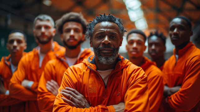 Portrait of a diverse basketball team standing confidently in the gym, dressed in vibrant orange uniforms, showcasing teamwork and sportsmanship.