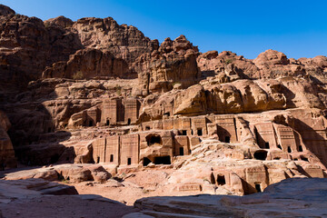 View of facades street in the archeological site of Petra in Jordan