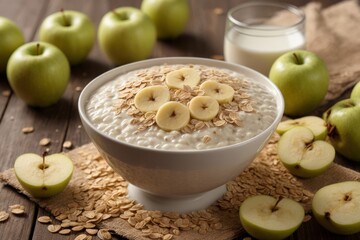 Healthy breakfast with muesli and milk, and apples