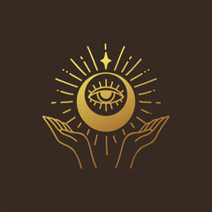 Hand line art vector design, hand drawn celestial boho logo or emblem. Magic Symbol for decoration cosmetics, market and packaging or beauty products
