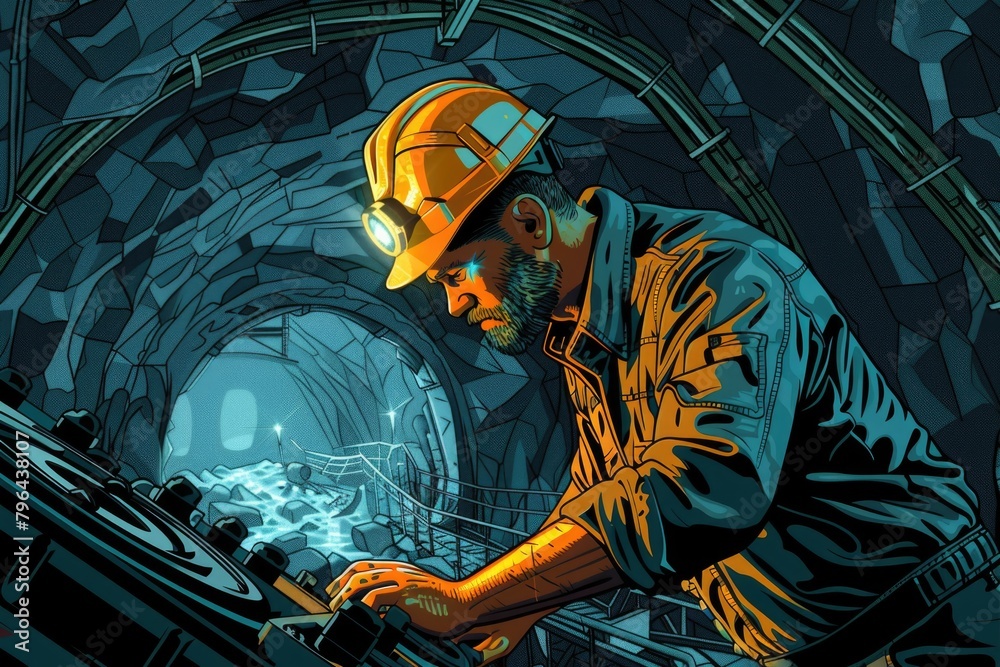 Poster a man in a hard hat working on a laptop. suitable for construction, technology concepts