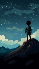 b'A boy looking at the stars from a mountaintop'