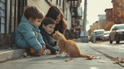 Children sitting on a sidewalk, playing with a stray kitten. - Powered by Adobe