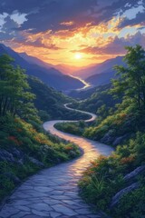 b'The stone path winds through the valley'