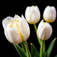 "(((White tulips on black background)))  A striking and photorealistic image of white tulips set against a dramatic black background, highlighting the delicate beauty of the flowers in a high-contrast