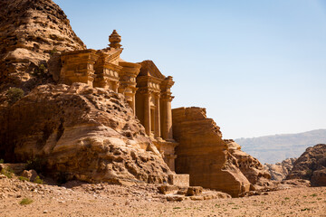 A view from above of the Monastery in the archeological site of Petra in Jordan