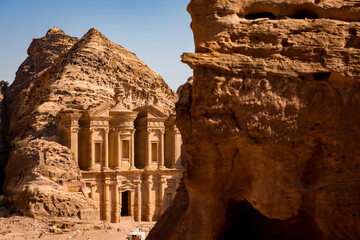 A view from avbove of The Monastery  in the archeological site of Petra in Jordan