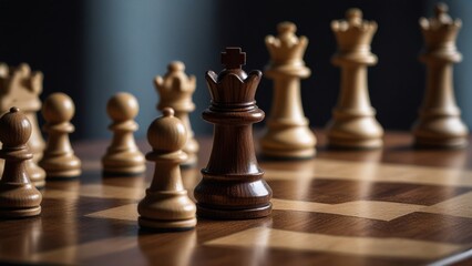 A king chess piece on board. Strategic leadership