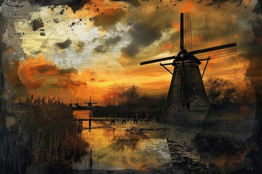 Scenic view of windmill reflecting on lake at sunset. Perfect for travel brochures