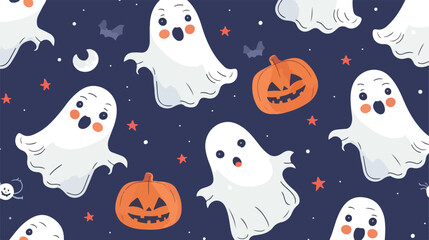 Halloween pattern with cute baby ghosts pumpkins.