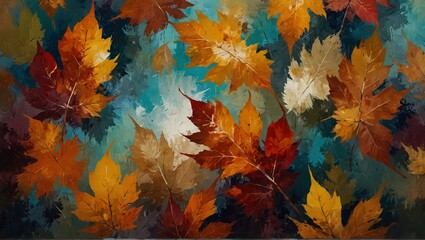 Naklejka na ściany i meble Vibrant abstract autumn leaves art painting texture with oil brushstroke on canvas