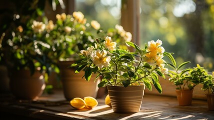 b'Yellow flowers in pots on a wooden table by the window'