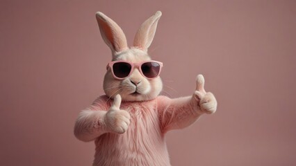Bunny rabbit wearing sunglasses giving thumbs up on pink pastel background with copy space