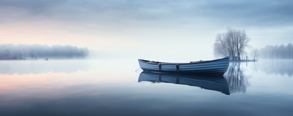 A boat sits calmly in a still lake at dawn.