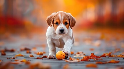 The dog runs with the ball at the autumn forest, generative ai