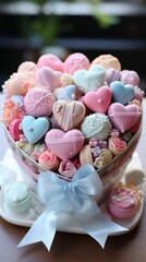 A bouquet of pastel-colored heart-shaped macarons arranged in a heart-shaped container with a blue ribbon.