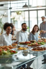 b'Multiethnic group of people choosing healthy food at a cafeteria'
