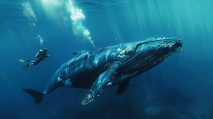 Diver swimming with whale. 