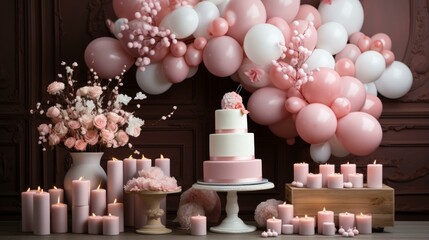 b'A beautiful pink and white balloon arch with a three-tiered cake and floral arrangements'