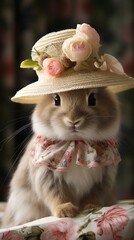 A cute bunny wearing a straw hat with pink roses and a floral scarf around its neck is sitting on a table with a pink floral tablecloth.