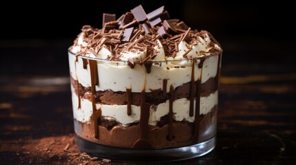 A decadent chocolate trifle with layers of chocolate cake, chocolate mousse, and whipped cream, topped with chocolate shavings.